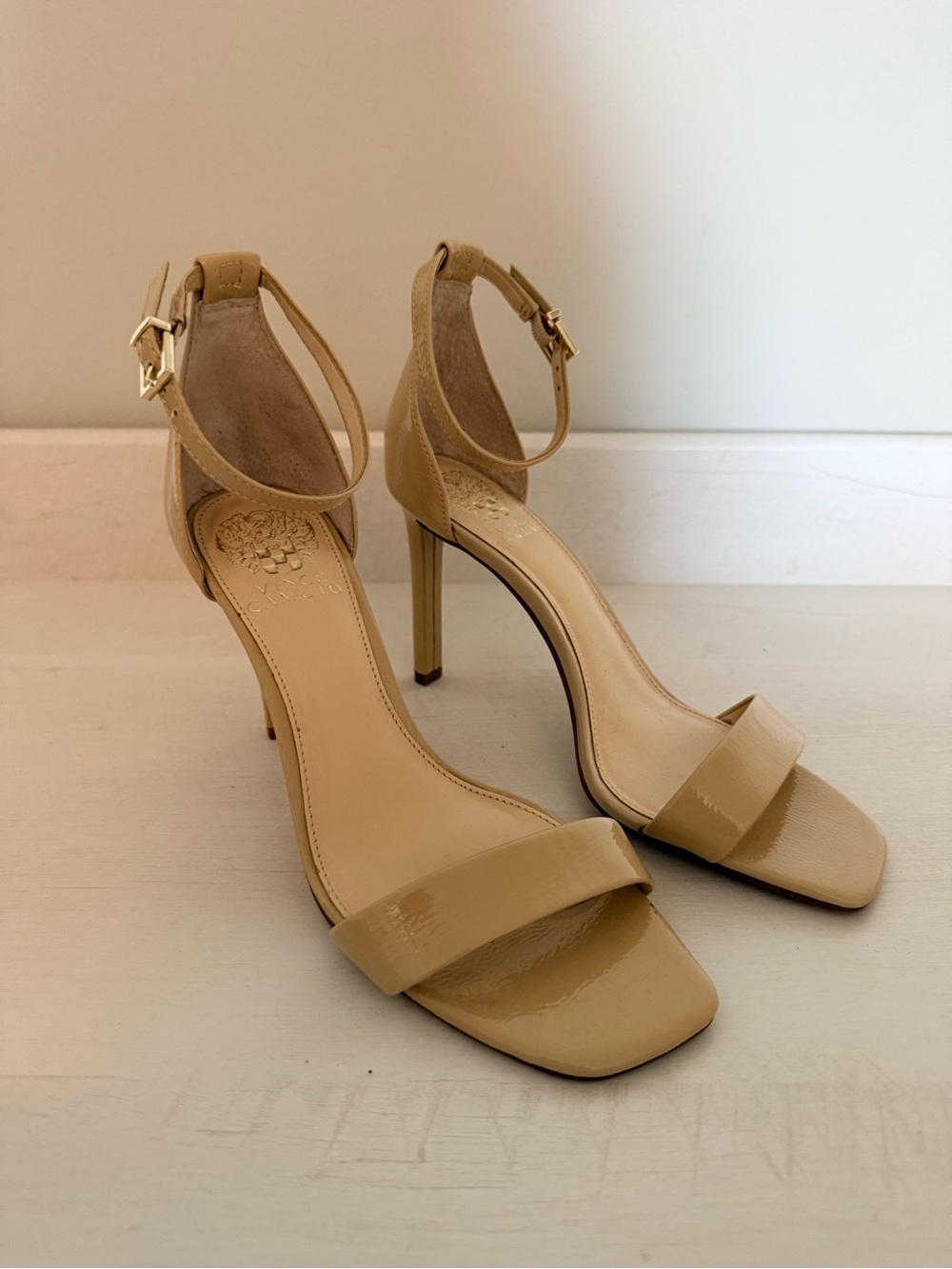 Vince Camuto Nude Patent Ankle-Strap Stiletto Sandals